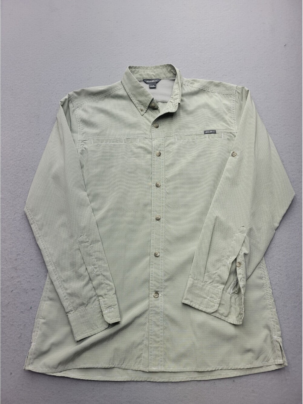 Eddie Bauer Men's Button-Up Small Green Plaid Polyester Blend Long Sleeve Work